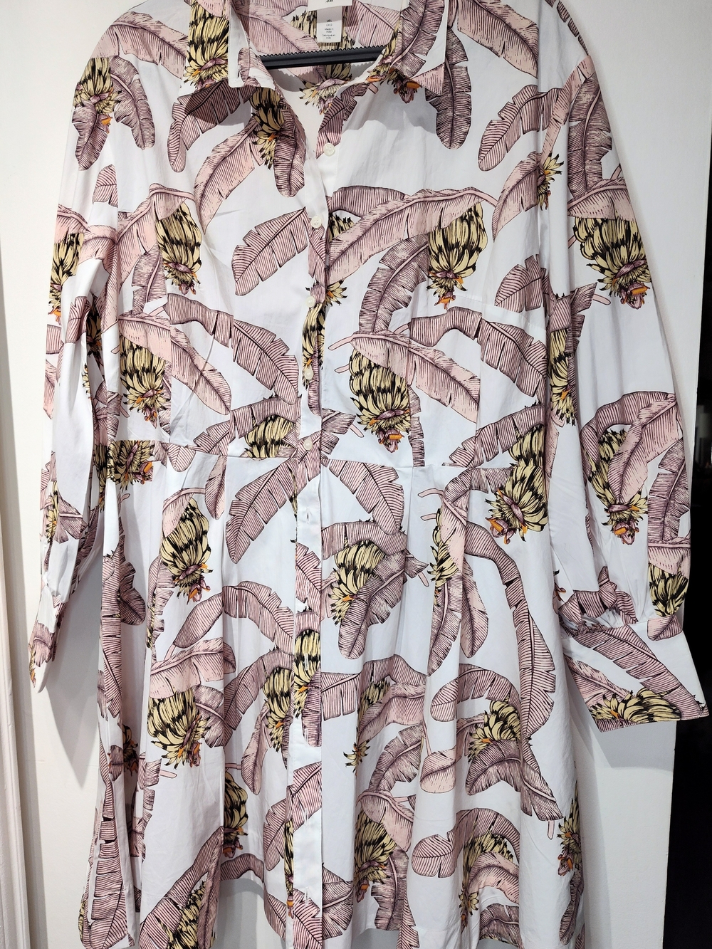 Men's White Button-Up Shirt with Pink Banana Leaf Print